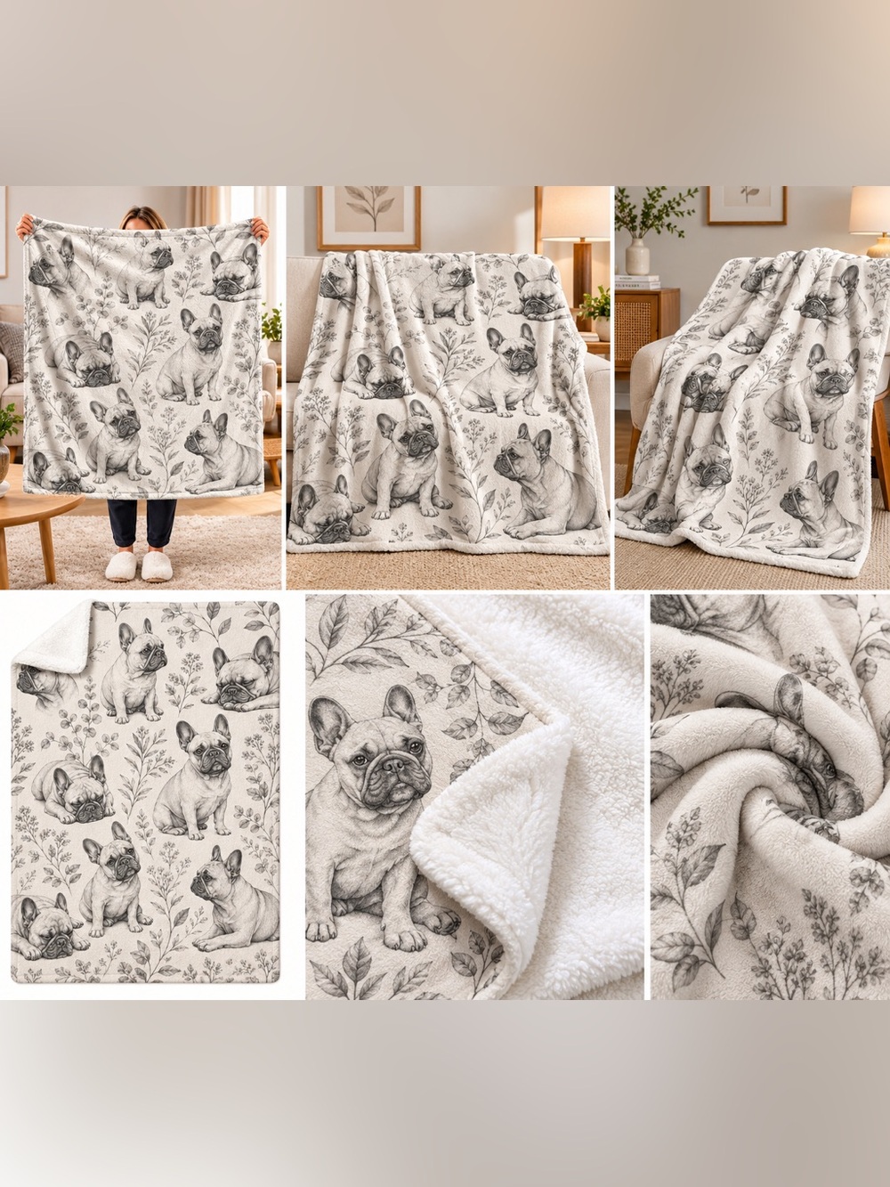Cozy French Bulldog Throw Blanket - Cream